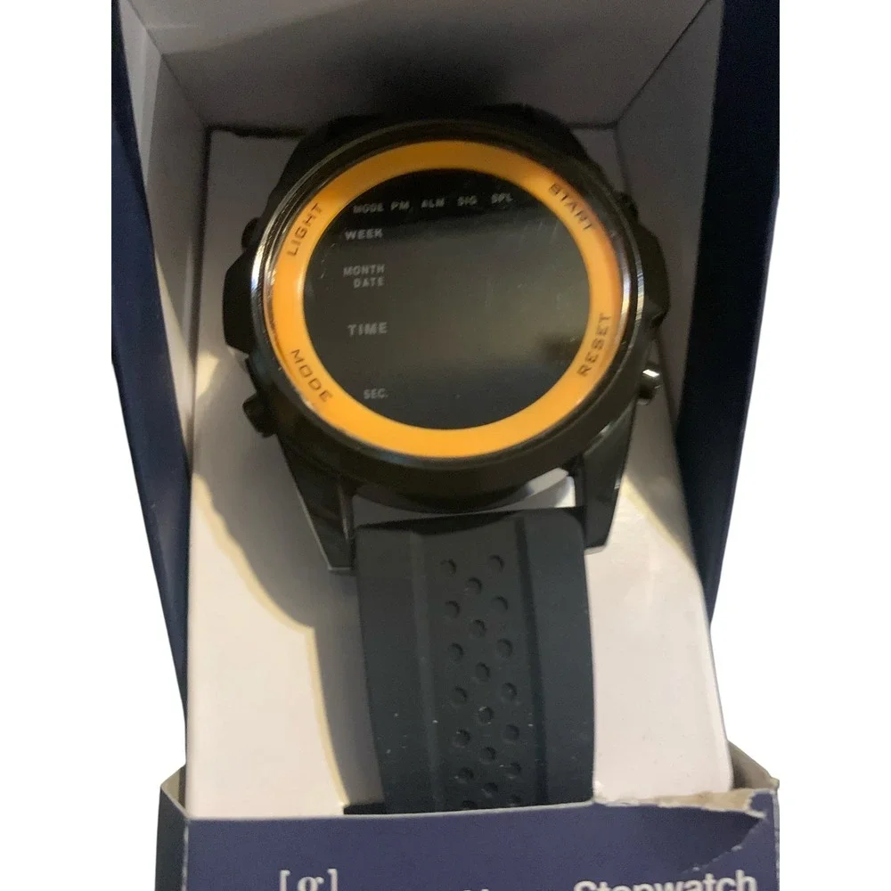 NEW George Mens Digital Watch Black and Yellow Alarm Stopwatch‎ Silicone Strap